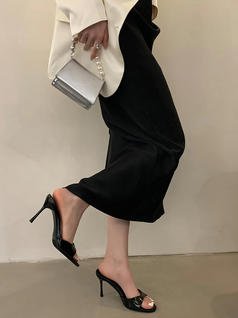 Liyke Wine Red Patent Leather Women Slippers Sandals Fashion Round Open Toe Thin High Heels Mules Slides Summer Party Dress Shoe Pi-Mart