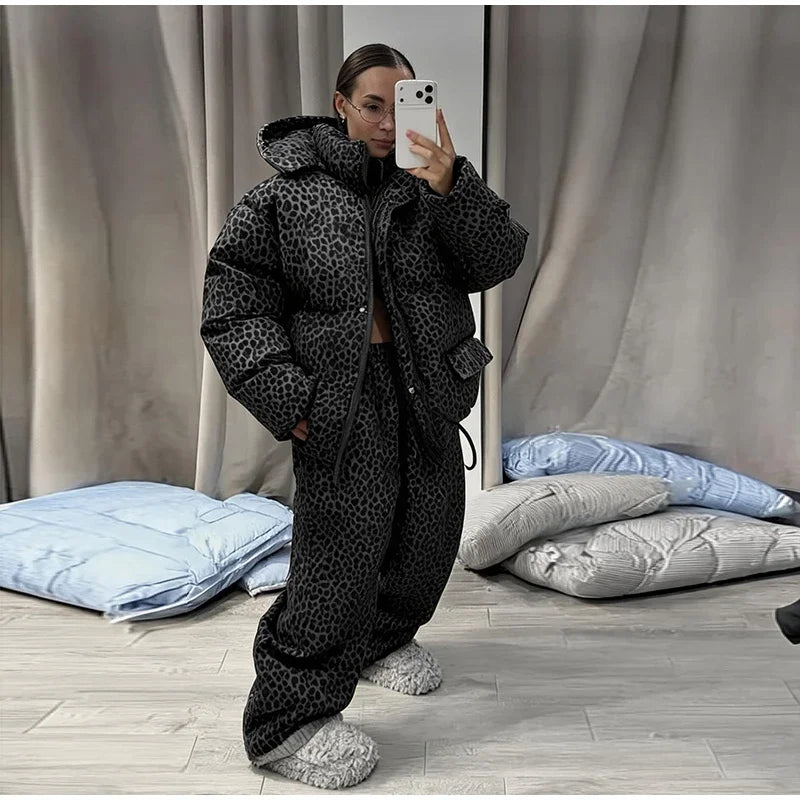 Chic Leopard Hooded Puffer Coat Set Women Quilted Full Sleeve Zip Jacket Wide Leg Pants 2026 New Lady Winter Thicken Warm Outfit Pi-Mart