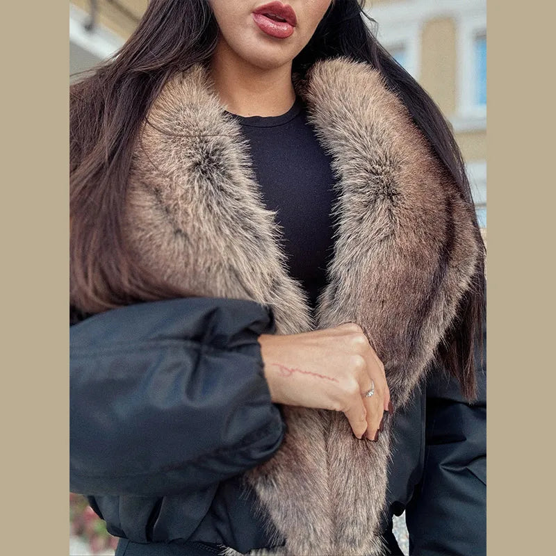Fashion Faux Fur Patchwork Cotton Coat Women Lapel Zipper Pocket Cropped Street Warm Jacket 2026 Winter Lady Puffer Jackets New Pi-Mart