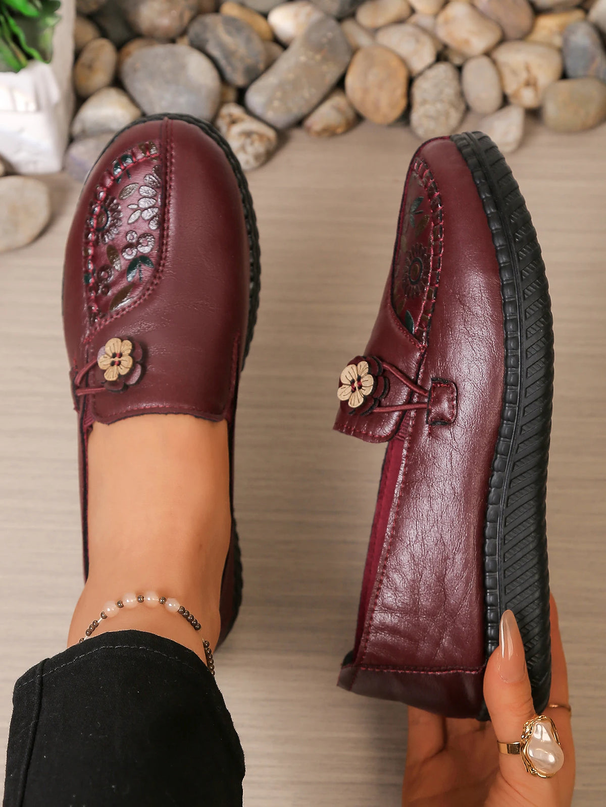 Women's Spring Autumn Leather Loafers Floral Embossed Slip‑On Flats Anti‑Slip Comfort Casual Mom Daily Walking Free Shipping Pi-Mart