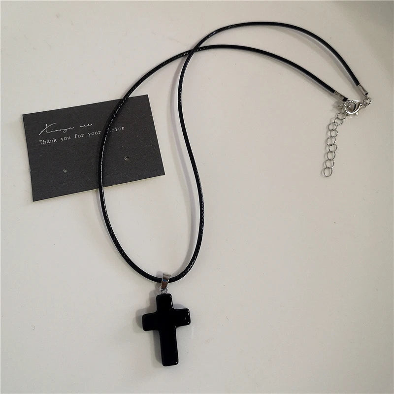Punk Rock Black Heart Cross Pendant Chain Necklace For Men Women Cool Hip Hop Street Vintage 90s Y2K Grunge Goth Accessories Pi-Mart