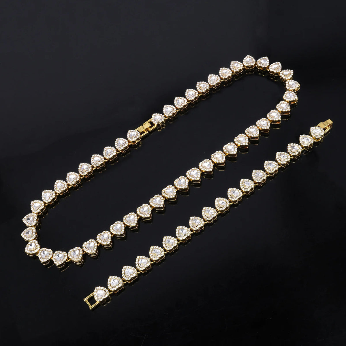 Yupsk 45CM/20CM Shiny Heart Rhinestone Hip Hop Rock Tennis Chain Bracelet Necklace for Women Men Trendy Jewelry Set Gift Pi-Mart