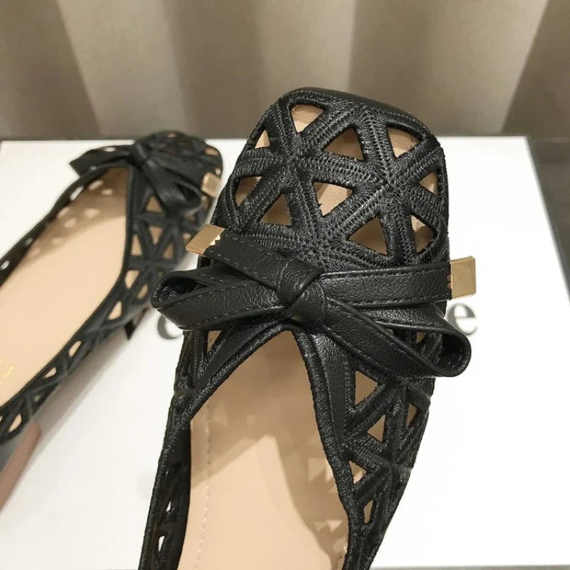 New French Style Bow Flat Sandals Women Geometric Cut-Out Peep-Toe Breathable Summer Beige Shoes for Dresses, Office and Casual LadyShow.Store