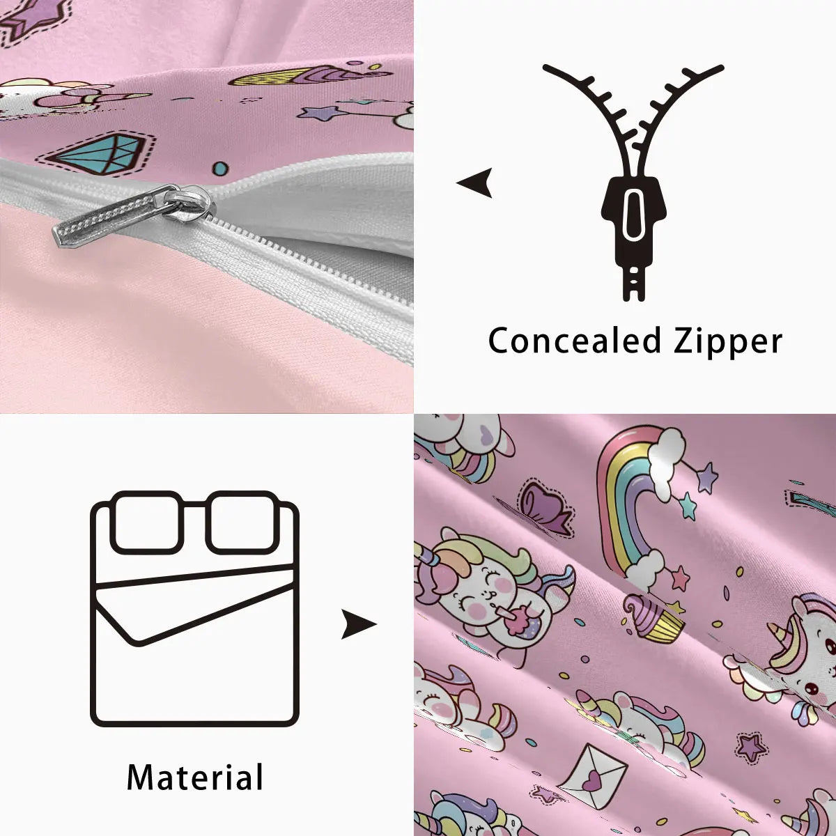 3pcs Cartoon Cute Unicorn Printed Coreless Down Duvet Cover Set, Multi Size Bedroom Bedding Decoration, Machine Washable Pi-Mart