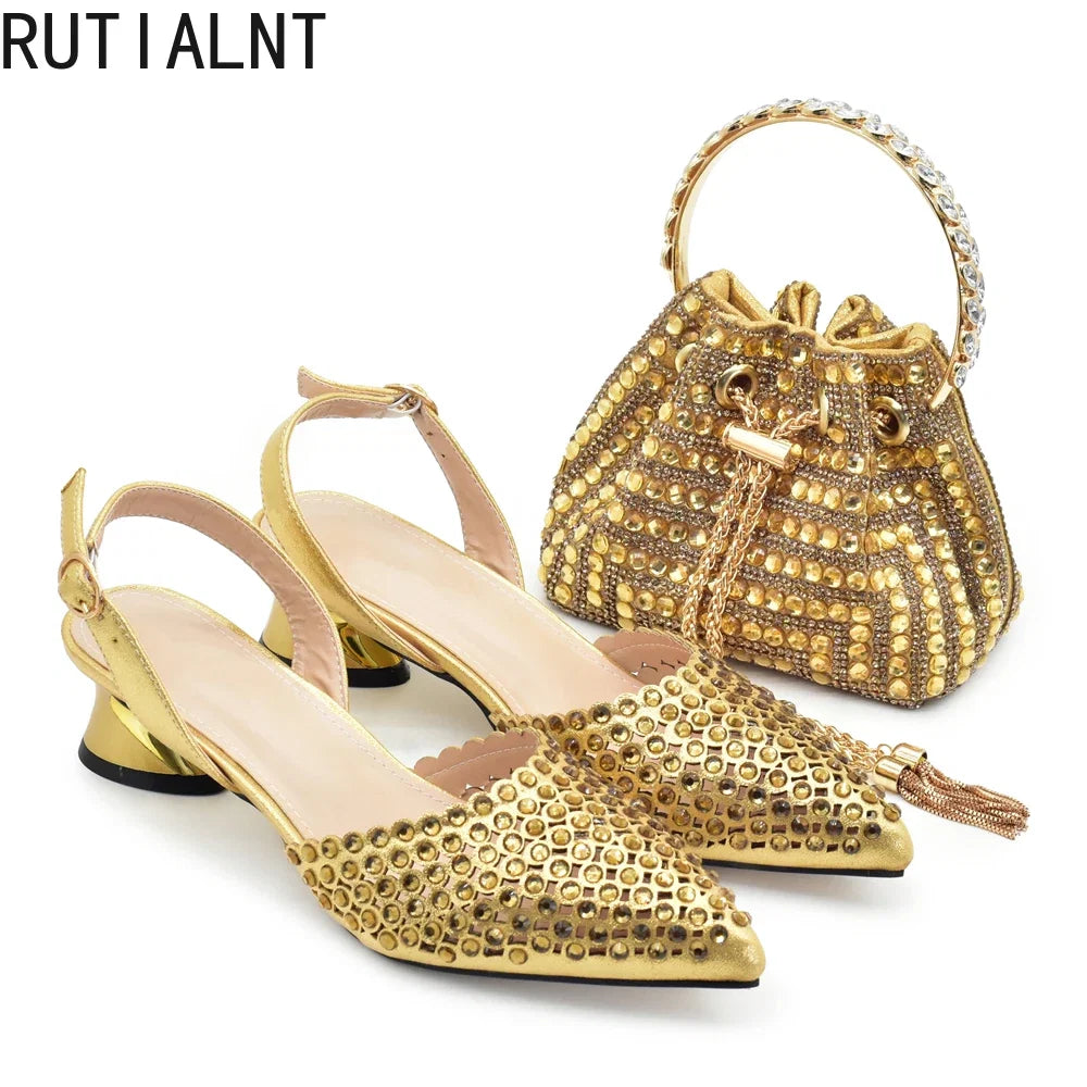 New Fashion Gold Color Shoes and Bags To Match Set Nigeria Party Women's Wedding Bag and Shoe Set Decorated with Rhinestone LadyShow.Store