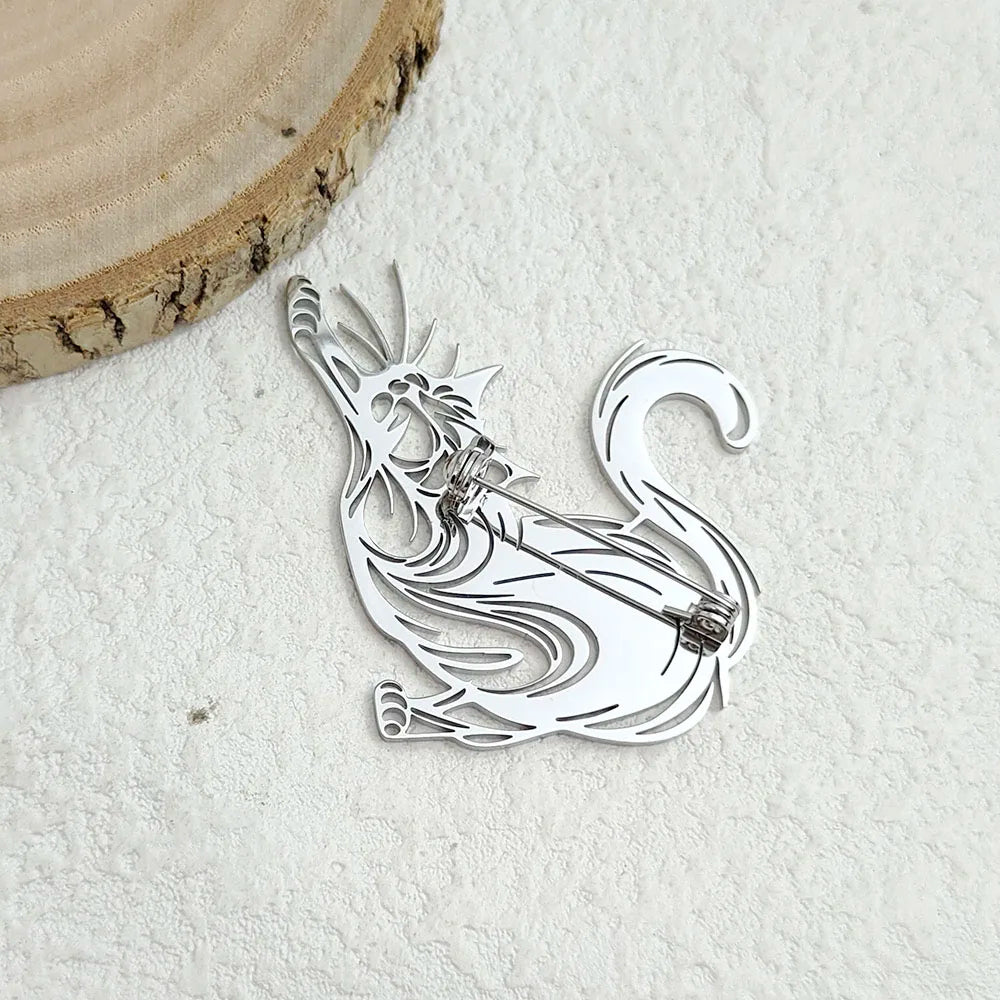Original and innovative fun cat hollow stainless steel gold-plated 18K brooch, suit lapel pin, waterproof formal fittings Pi-Mart