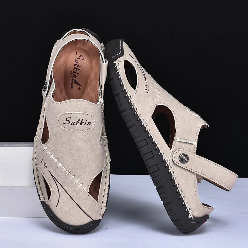 New Handmade Summer Sandals Men Breathable Leather Shoes Man Outdoor Men Sandals Antiskid Beach Sandals Hollow Shoes Fashion Pi-Mart
