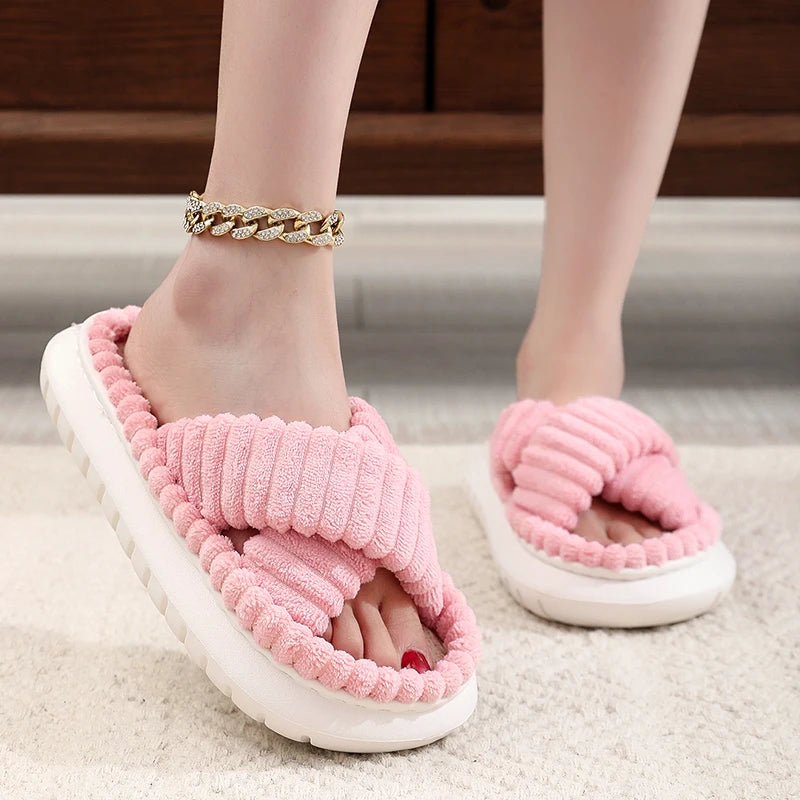 2024 Autumn Winter New Women Home Slippers Open-Toe Cross Band Linen Soled Indoor Slides Linen Soled Non-Slip Bathroom Slippers Pi-Mart