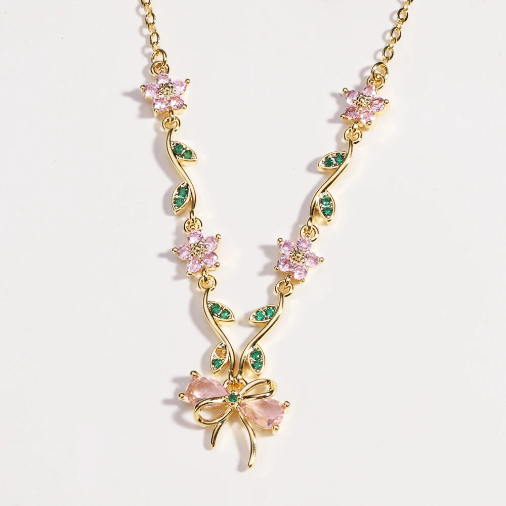 Summer New Fashion Exquisite Bow Leaf Flower Necklace For Women's Elegant Pink Zircon Chain Pendant Jewelry Gifts Pi-Mart