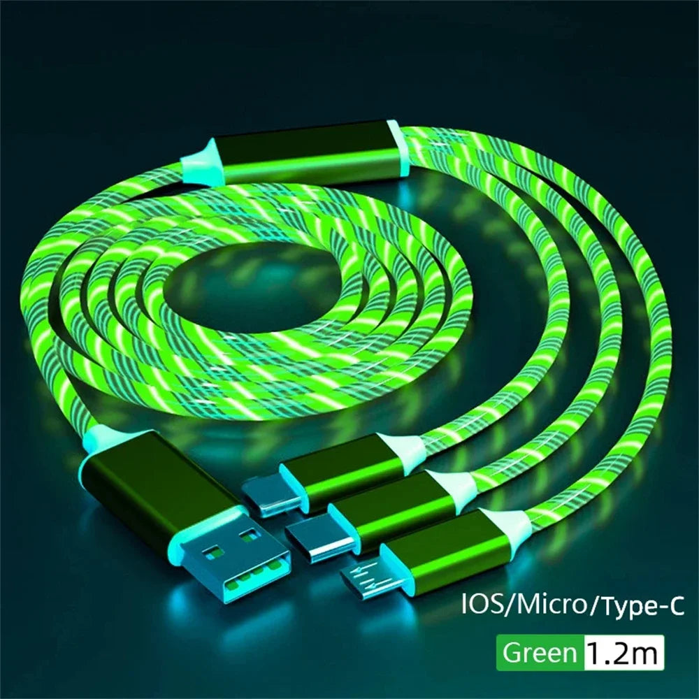 Glowing LED Light USB 3 IN 1 cable Phone Fast Charging Charger Luminous Type C Cable For Xiaomi iPhone Phone Accessories Pi-Mart