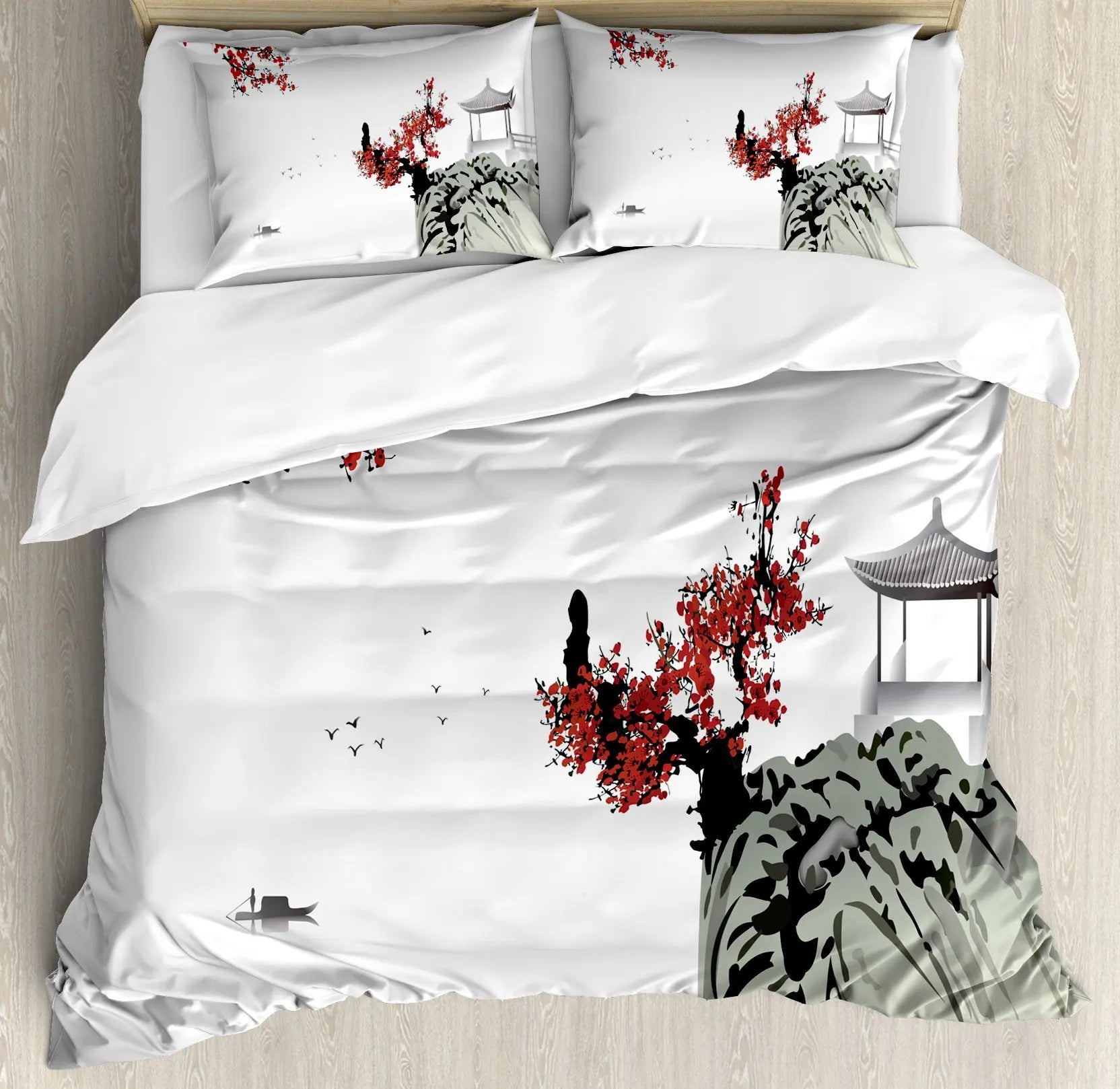 Japanese Duvet Cover Set Simplistic Cherry Blossom Tree Botanic Themed Pattern Fresh Organic Lines Bedding Set For Kids Girls Pi-Mart