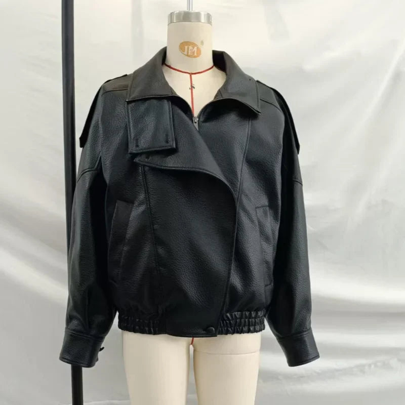 Stylish Pu Leather Jacket Stand-collar Loose Long Sleeved Coat Cool Casual Chic Versatile Outerwear New Autumn Women Streetwear LadyShow.Store