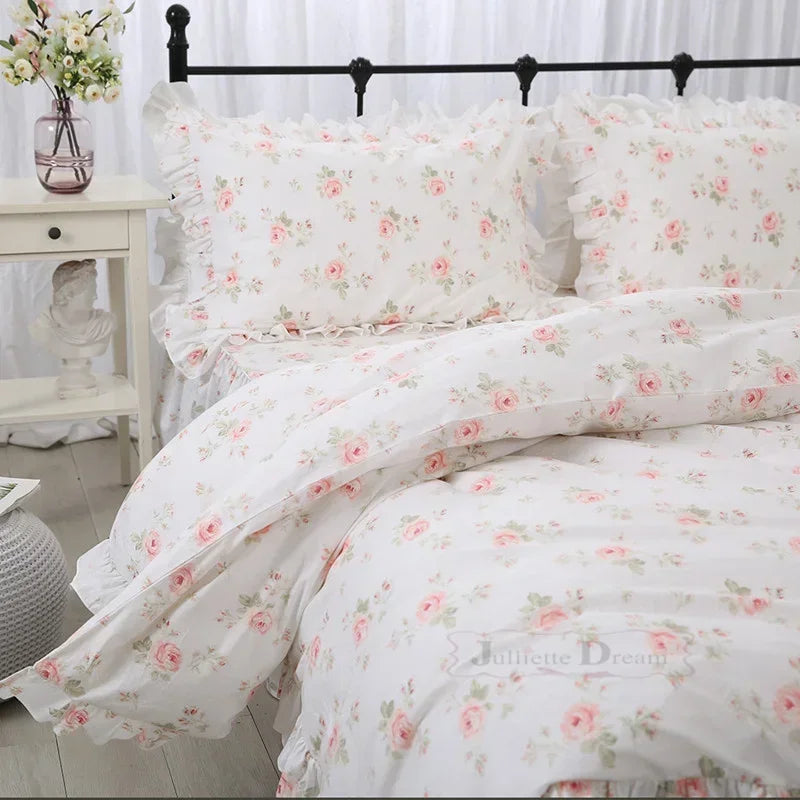 Garden Flower Print King Size Bedding Set Ruffle Duvet Cover Bed Sheet Princess Bed Linens Bedding Set Queen Comforter Sets LadyShow.Store