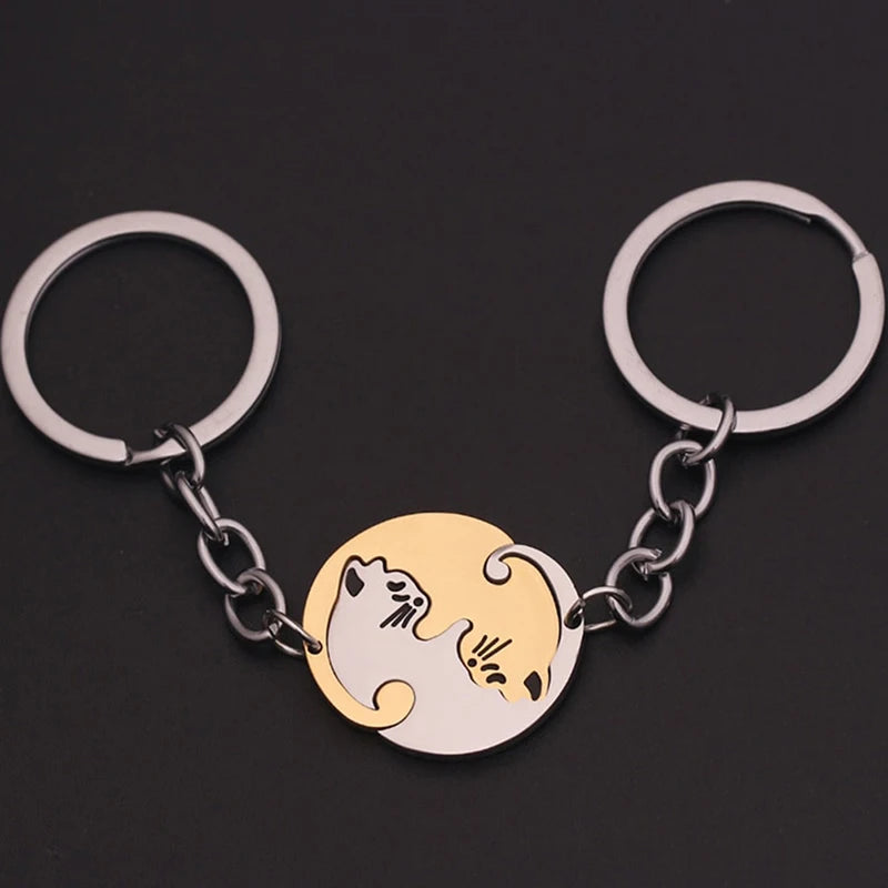 Cute Hug Cat Keychain Creative Patchwork Heart Round Keyring Couple Lovers Key Chains Bag Pendant Car Keyholder Accessories Gift Pi-Mart