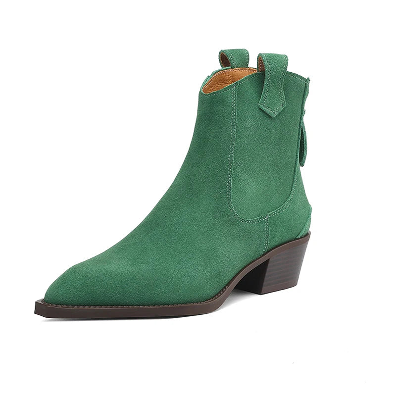 New 2025 Trend Autumn Winter Cow Suede Women Western Boots Black Brown Khaki Purple Green Burgundy Pointed Toe Lady Ankle Boots Pi-Mart