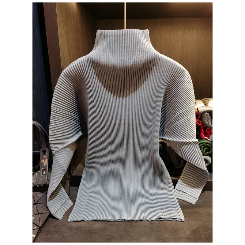 Miyake Pleated Sweatshirt Pit Stripe Zipper Standing Collar Jacket Women 2025 New Casual Pullover Hundred Pleat Skinny Tops LadyShow.Store