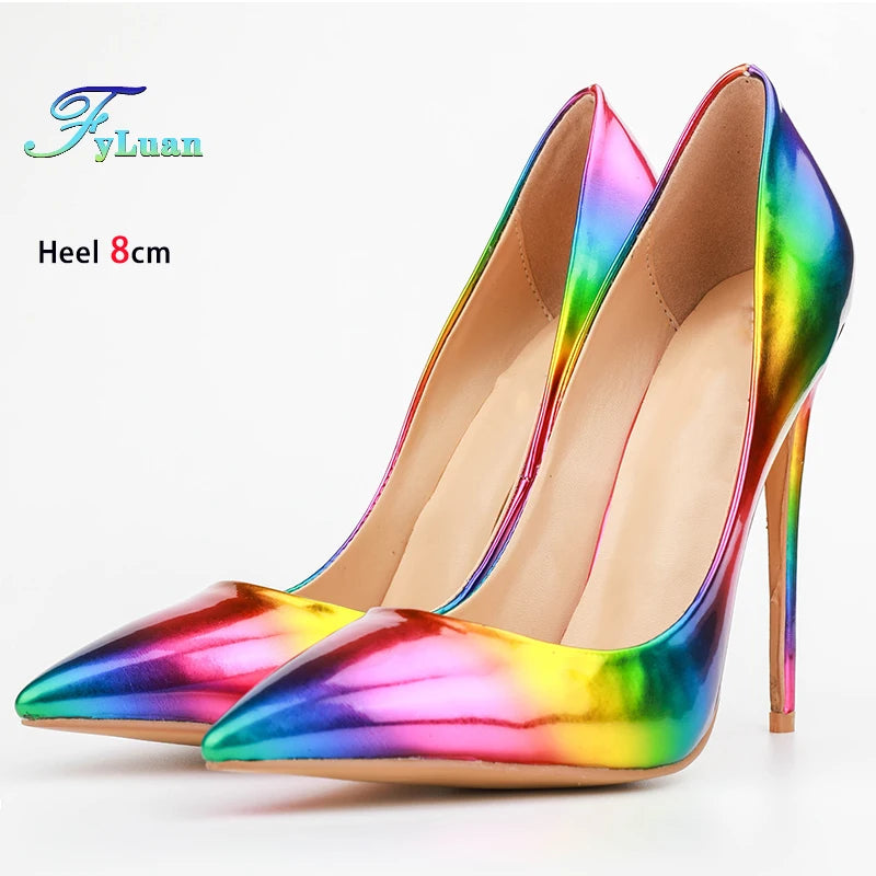 Brand Women High Heels 8-12CM Fashion Iridescent Pointed Toe Single Shoes Woman Thin Heel Summer Glossy Colorful Leather Pumps Pi-Mart