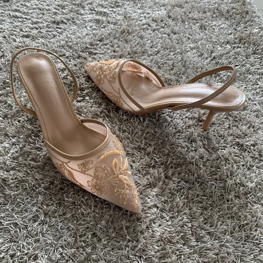 Mesh Embroidered Fashion Sandals Women String Bead High Heels Mules Shoes Pointed Toe Slingback Slippers Women Zapatos De Mujer LadyShow.Store