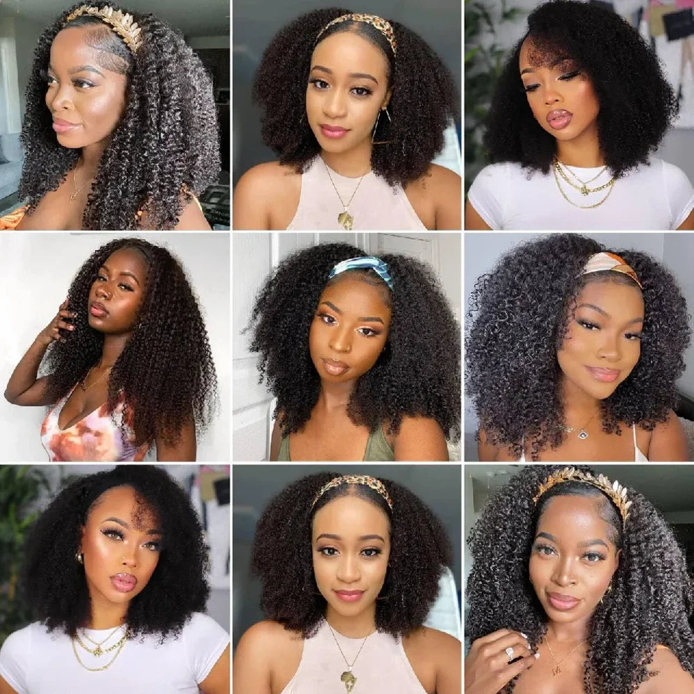 16 Inch 3 IN 1 Half Wig With Drawstring Seamless Human hair Wig Kinky Curly Headband Wig Upgrade for Women Summer Machine Wigs LadyShow.Store