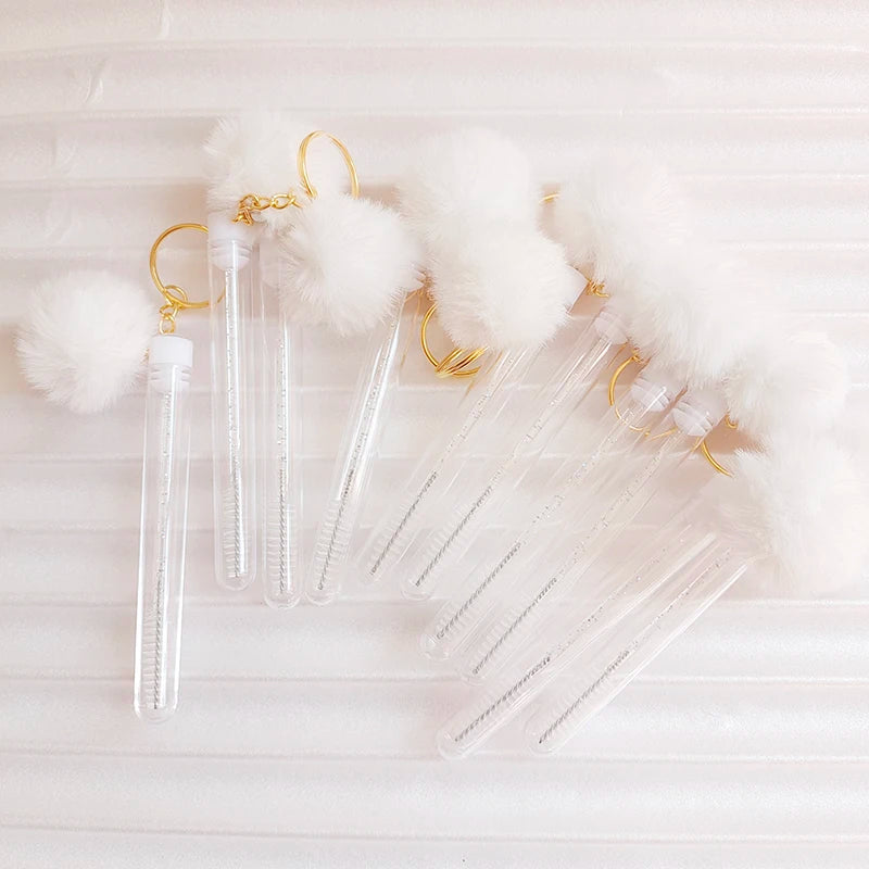 10pcs Eyelash Eyebrow Brush With Hairball Keychain Mascara Wand Reusable Lash Extension Clear Micro Comb Container Makeup Tool Pi-Mart