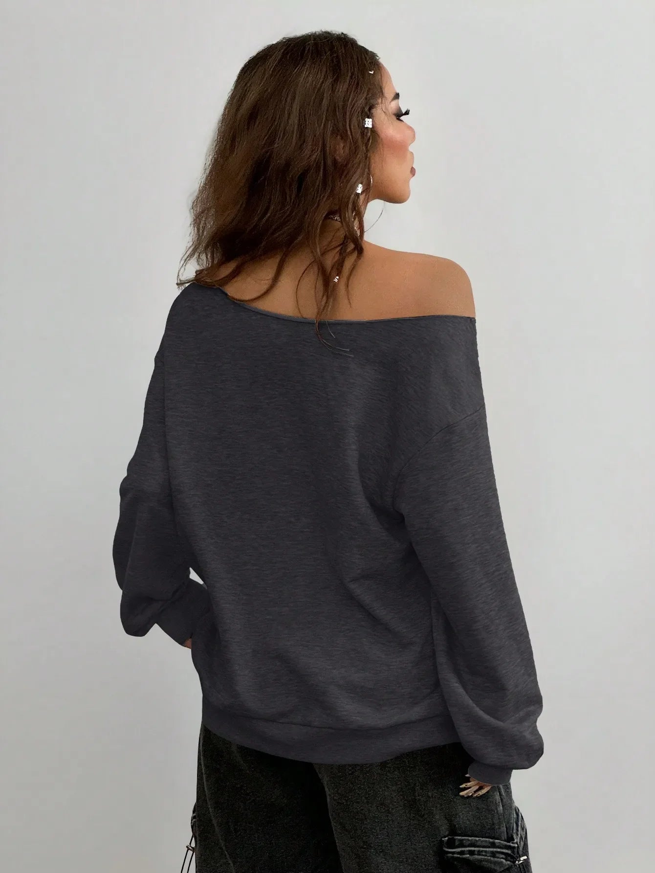 Casual Basic Knitted Single Shoulder Loose Long Sleeve Grey Sports Shirt Long Top Comfortable Loose Fit Grey Knitwear LadyShow.Store