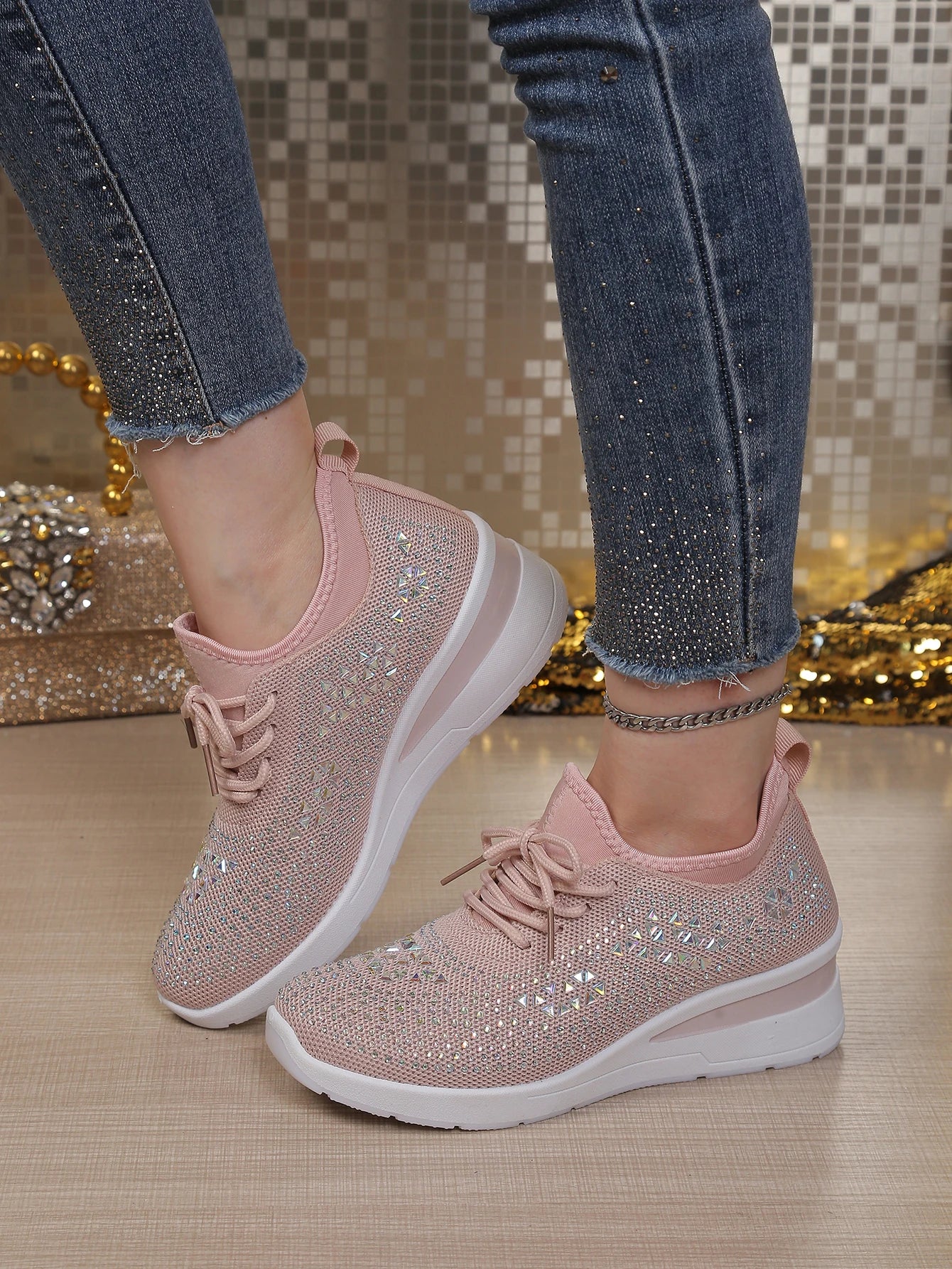 Women's Rhinestone Embellished Knit Mesh Wedge Sneakers, Adjustable Lace-Up Closure, Daily Walking Casual Footwear Pi-Mart