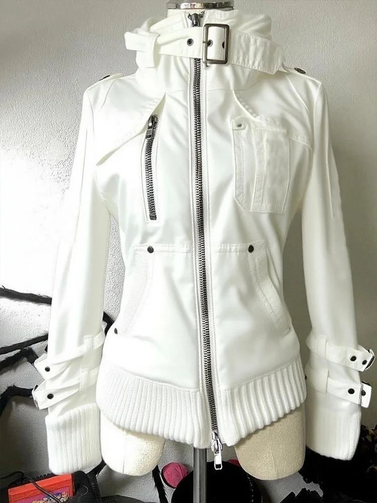 Subculture Harajuku Vintage Safari Coats with Hooded Women Zipper Sweatshirts Casual Streetwear Grunge Jacket Y2k Stand Neck LadyShow.Store