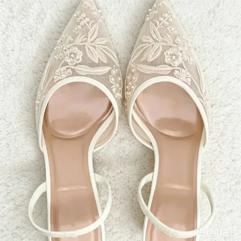 Elegant Mesh Embroidered Flowers Designer Heeled Sandals Women 2025 Summer Sexy Slingback Pointed Toe Thin High Heels Dress Shoe LadyShow.Store