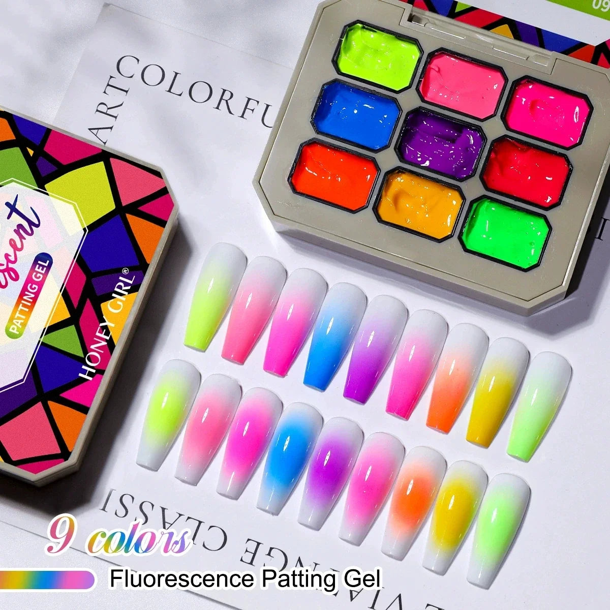 1pc Nine Grid Fluorescent Pat Gel Transfer Gel Rainbow Bright Colors High Saturation UV&LED Nail Polish Gel Salon DIY Y2K INS Tri Light Beauty