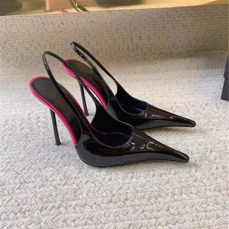 2026 Fashion Non-Slip Wear-Resistant High Heels Women's Pointed Toe Patent Leather Slip-On Sandals LadyShow.Store