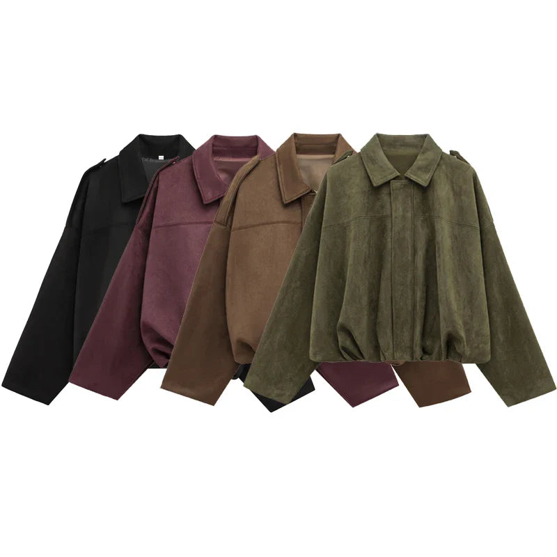 HXAO Women's Bomber Jacket Lapel Long Sleeve Zipper Suede Jacket Women 2025 High Street Cropped Racing Jackets Coats Outerwears LadyShow.Store
