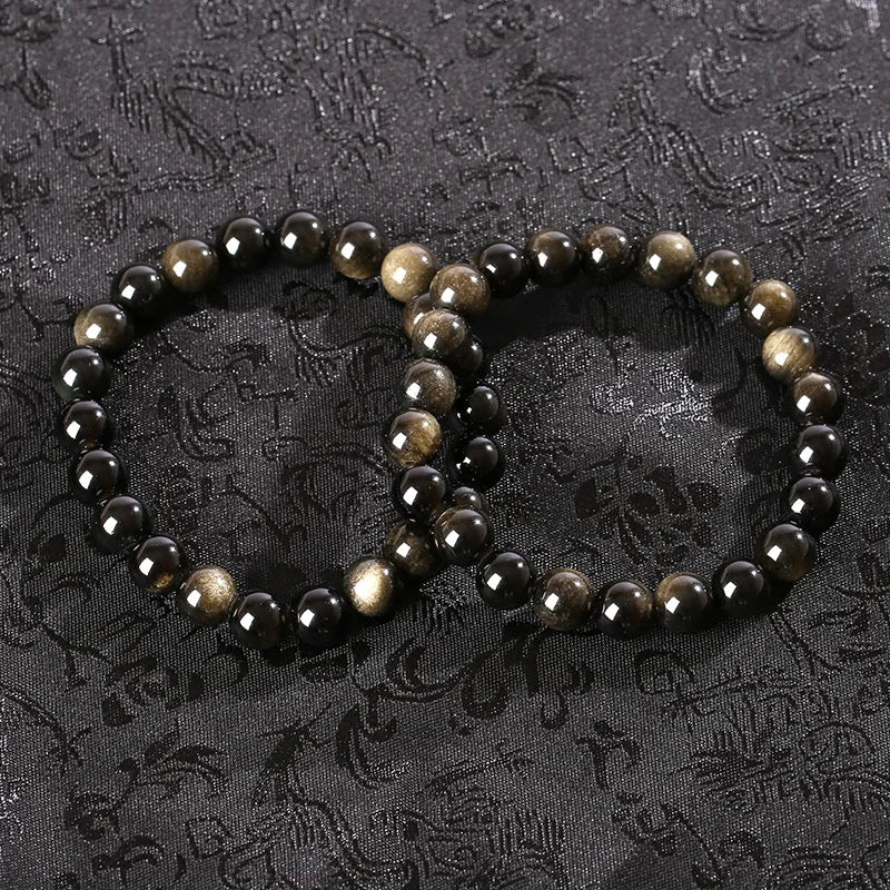 Natural Golden Obsidian Stone Beads Bracelet Men Women Golden Light Rainbow Obsidian Raw Stone Round Bead Natural Energy Jewelry Pi-Mart