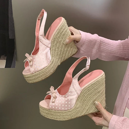 Aneikeh Summer Thick Soled Grass Woven High Heels Casual Retro Roman Sandals Polka Butterfly-kont Wedge Platform Woman Sandals LadyShow.Store