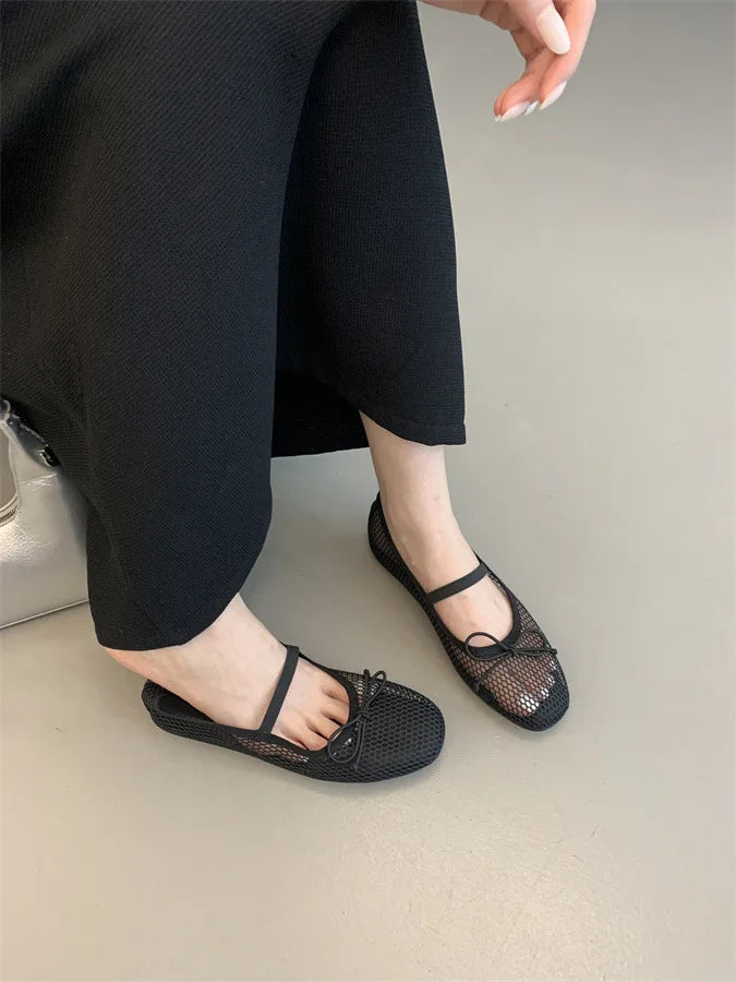 2025 New Luxury Spring/Summer Women Mesh Hollow Elastic Band Flat Bottom Non slip Casual Shoes Flat Bottom Shoes Pi-Mart