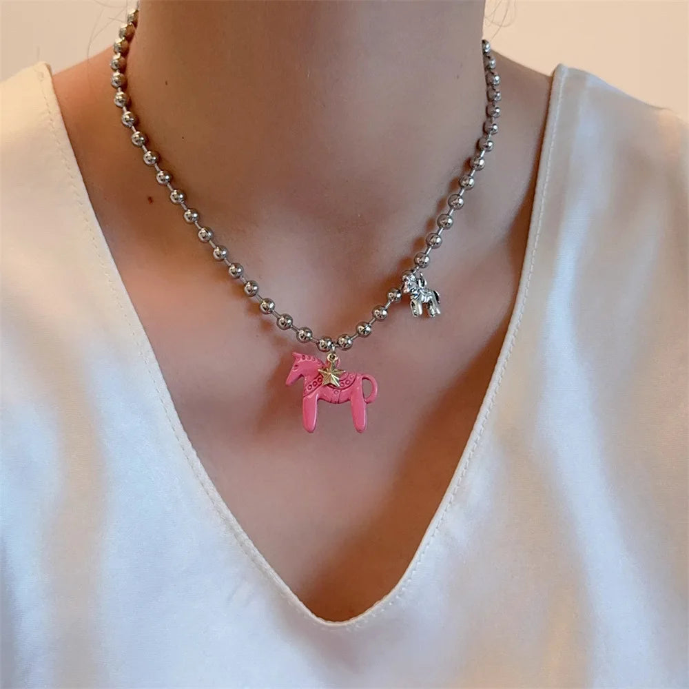 LATS White Black Green Blue Pink Color Enamel Colt Horse Pendant Necklaces for Women Silver Plated Alloy Beads Chain Chokers Pi-Mart