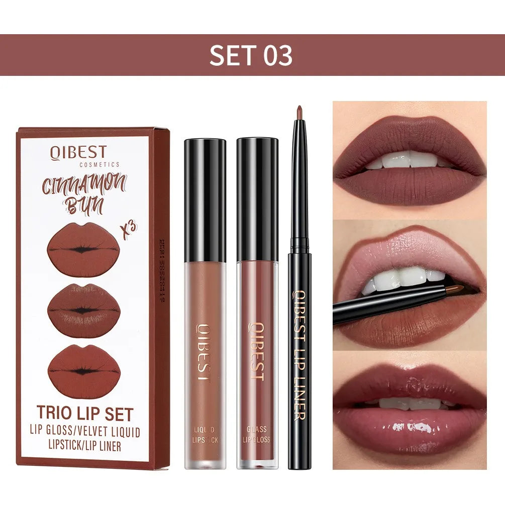3pcs Matte Liquid Lipstick+Lip Liner Set Lip Glaze Makeup Nude Black Red Velvet Lip Gloss Long Lasting Lip Tint Cosmetics Kits Pi-Mart
