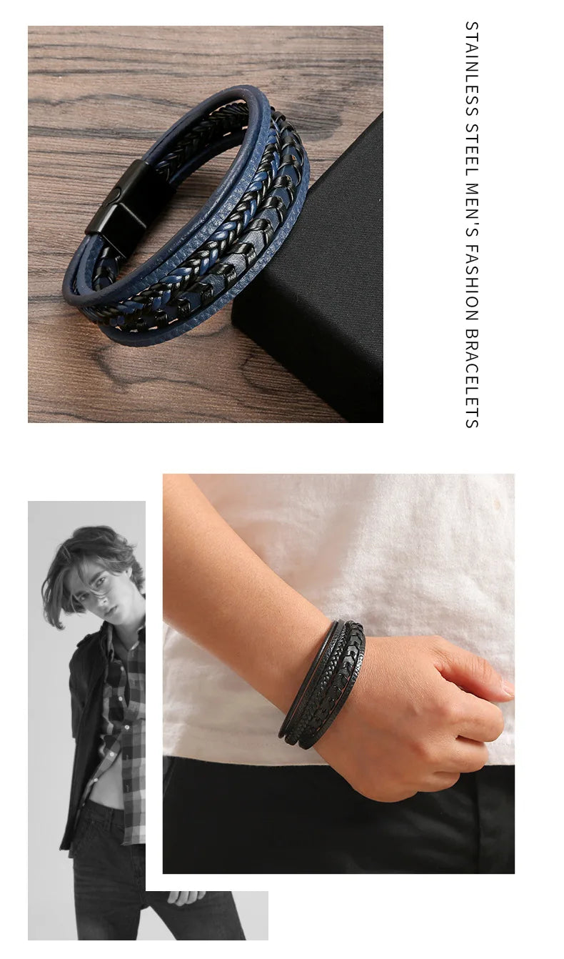 1pc Fashion Accessories MEN'S Multi-layered Vintage Leather Rope Braided Bracelet Alloy Magnetic Buckle Bracelet Pi-Mart