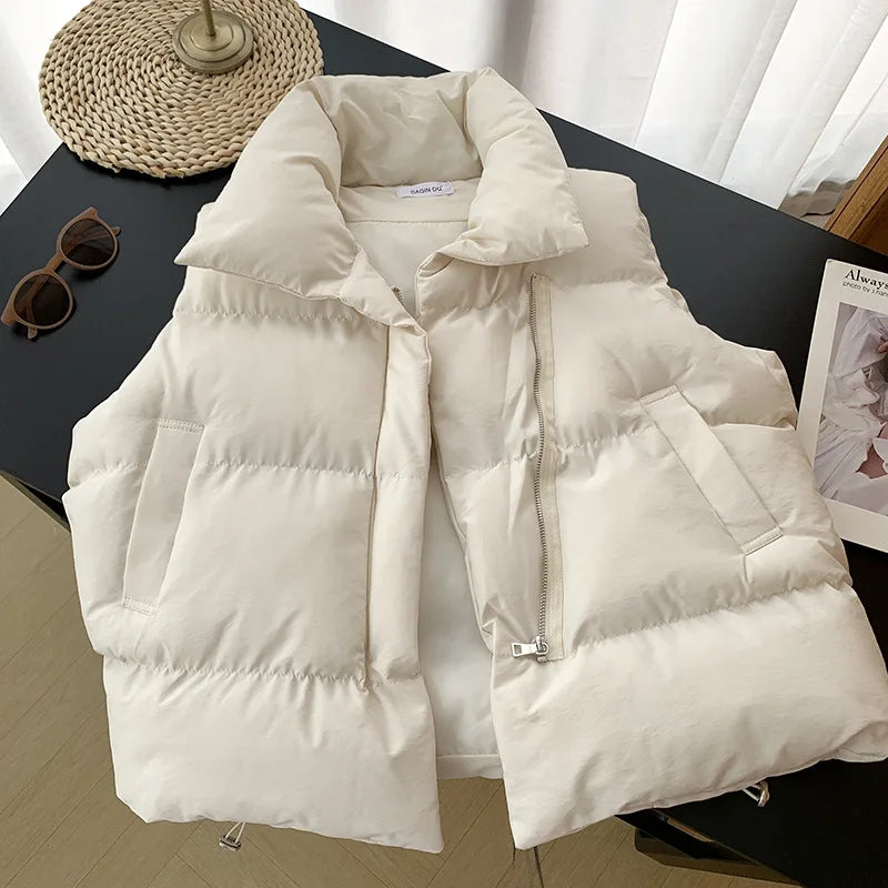 Women Fashion Autumn New 2024 Stand Collar Elegant Down Coats Warm Outerwear Casual Belt Sleeveless Winter Women Vests Jackets LadyShow.Store