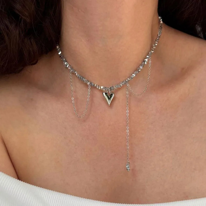 New Irregular Choker Vintage Tassels Zircon Heart Pendant Necklace For Women Female White Imitation Pearl Chain Valentine's Gift Pi-Mart