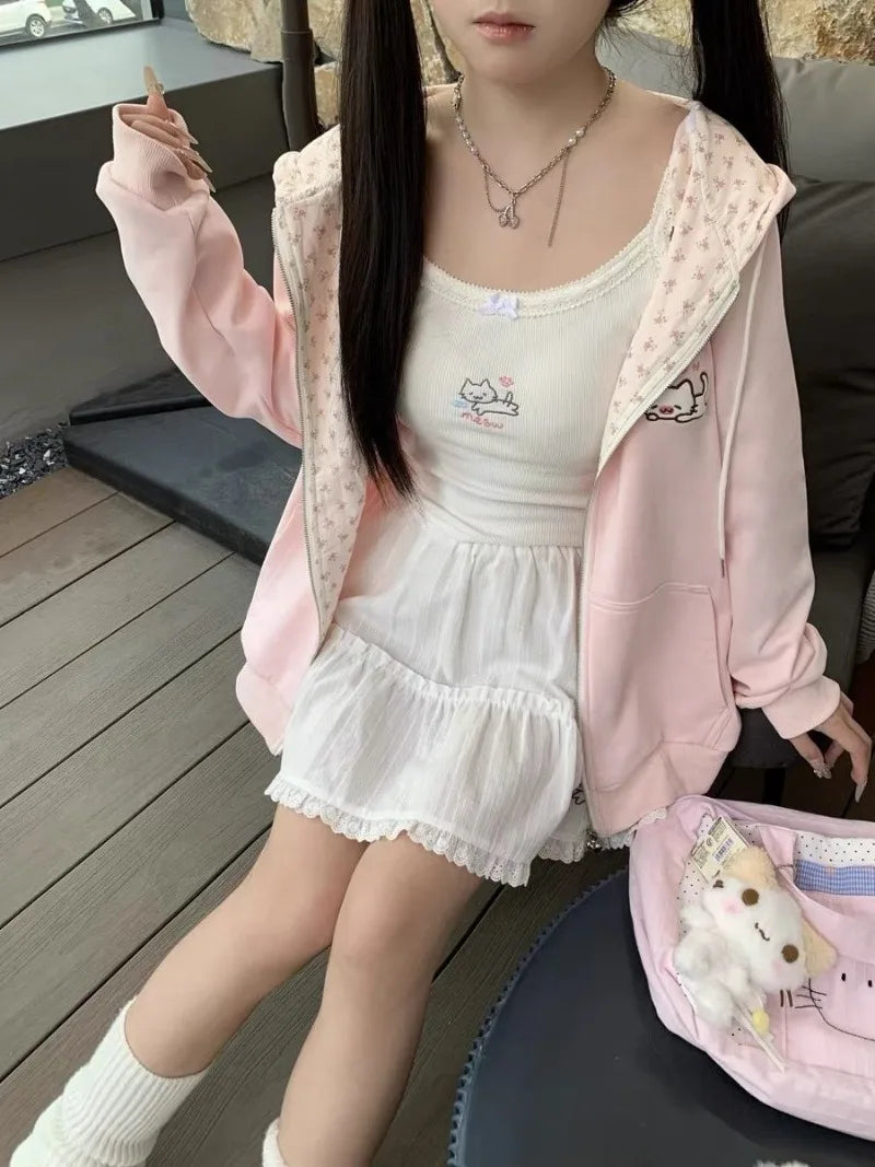 Y2k Hoodies Green Kawaii Cat Floral Print Hooded Zip-up Woman Sweatshirts Pink Thin Jacket Spring Fall Clothes Cute Streetwear LadyShow.Store