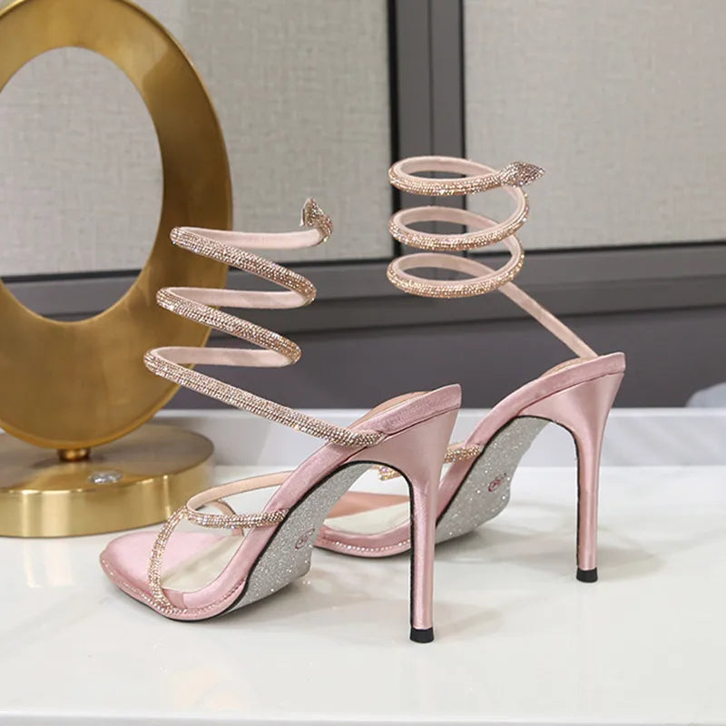 Fashion Summer Snake Twine Around Crystal Women Sandals Luxury Rhinestones Thin High heels Gladiator Sandals  Party Prom Shoes Pi-Mart