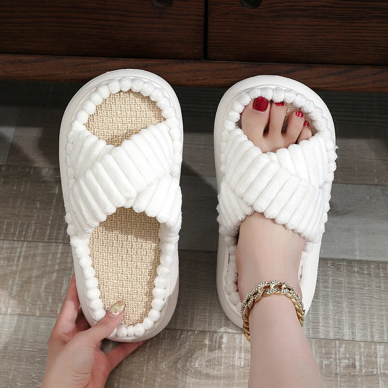 2024 Autumn Winter New Women Home Slippers Open-Toe Cross Band Linen Soled Indoor Slides Linen Soled Non-Slip Bathroom Slippers Pi-Mart