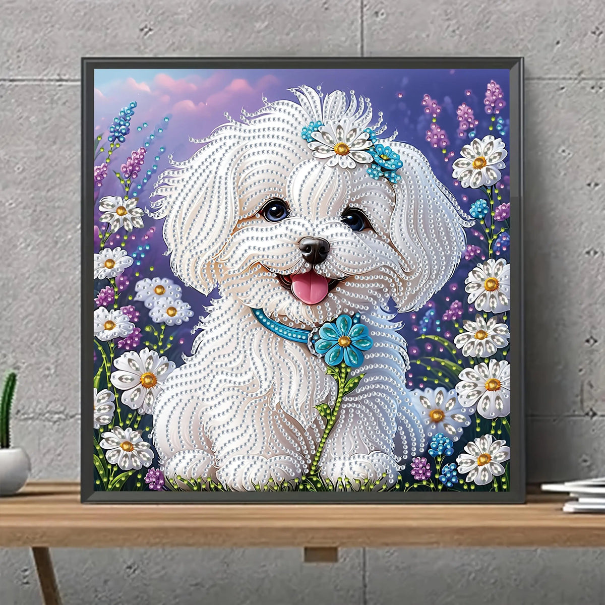 A set of "White Puppy Wearing Flowers" 5D Diamond Painting Kit, DIY handmade craft, partially adorned with irregular diamonds Pi-Mart