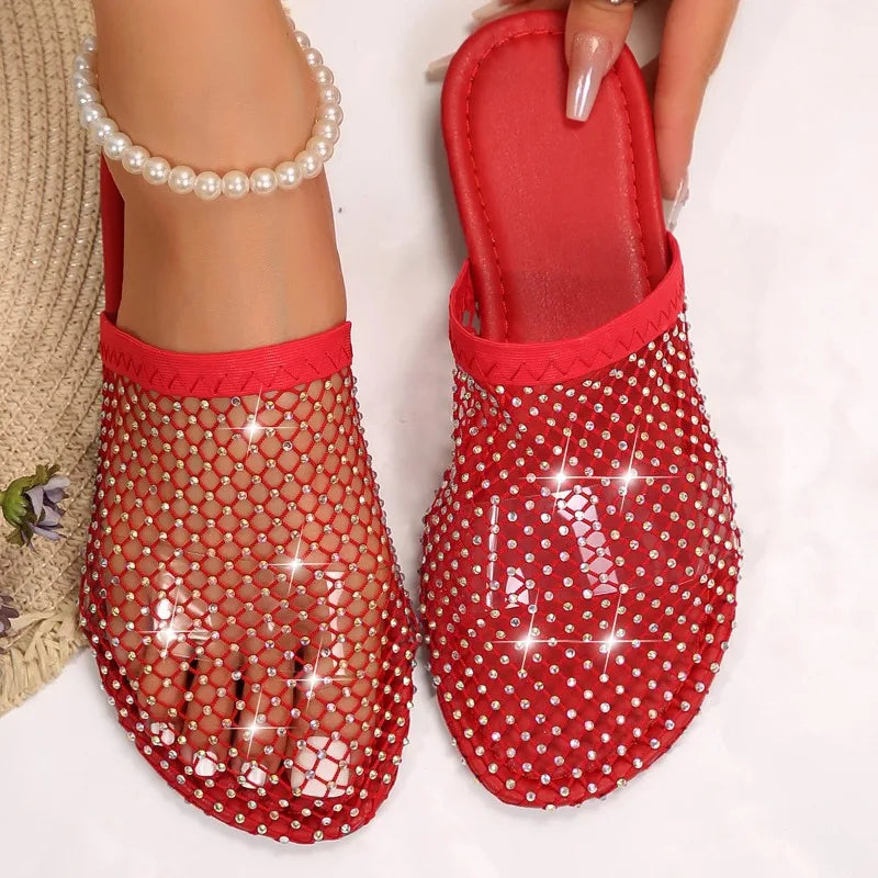 Women Slippers 2024 Women Summer New Round Head Slippers Water Diamond Flat Home Anti-skid Sandals Slides Women Zapatos De Mujer LadyShow.Store