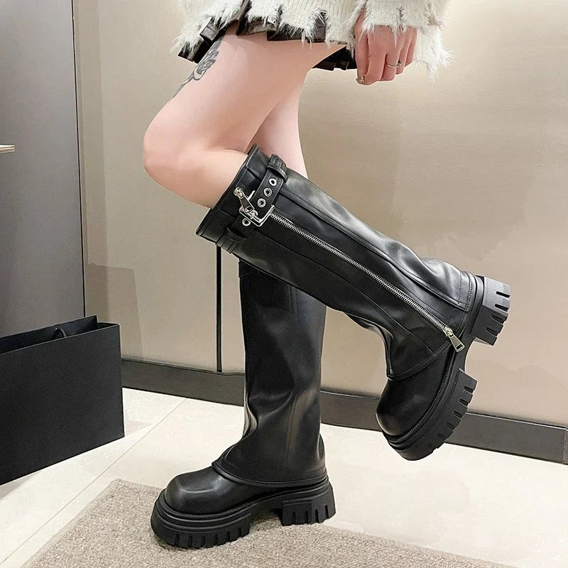 2025 Winter Women Biker Boots Fashion Belt Buckle Ladies Elegant Platform Long Pipe Booties Casual Women's Knee High Booties LadyShow.Store