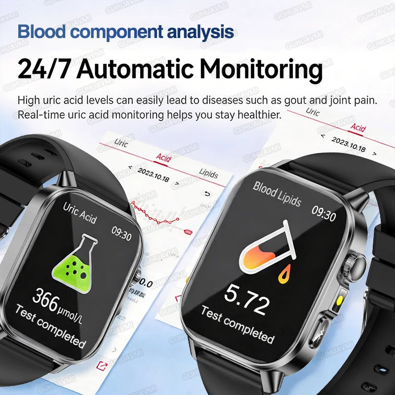 New Men Accurate Health Diagnosis ECG Smart Watch Blood Pressure Blood Oxygen Blood Fat Uric Acid Temp Bluetooth call Smartwatch Pi-Mart