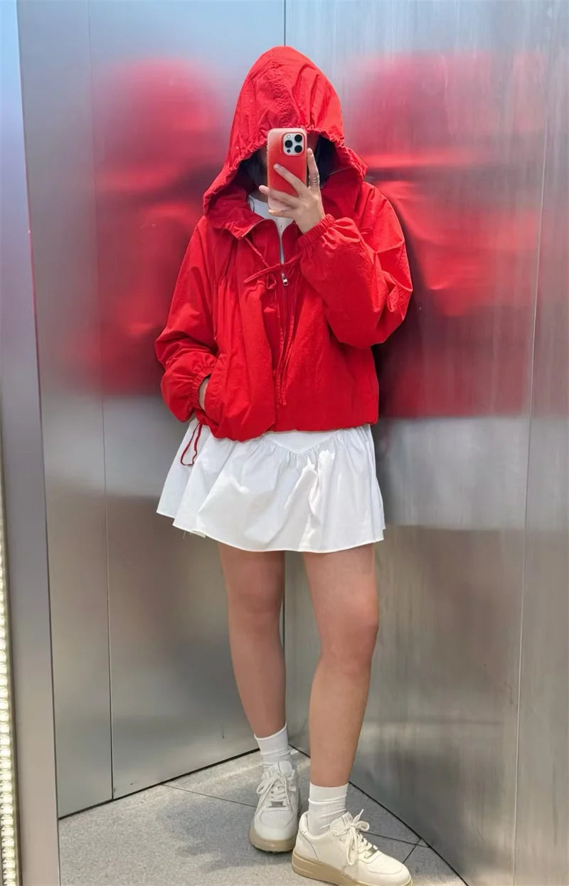 Women's Jacket 2026 Autumn New Red Long-Sleeve Drawstring Decorative Festive Hoodie Zipper Cardigan Casual Fashion Versatile Pi-Mart