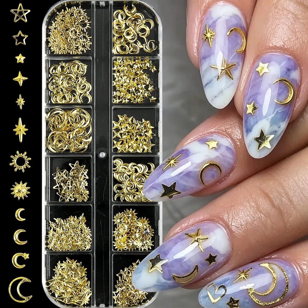 6/12Grids Gold Star Moon Metallic Rivet 3D Nail Charms Alloy Sun Moon Starlight Rhinestones Nail Studs For Nail Art Decoration Pi-Mart