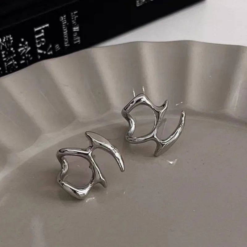 Y2K Irregular Liquid Earrings for Women Silver Color Hip-Hop Punk Fashion Geometric Earring Clip Girl 2024 Trendy Party Jewelry Pi-Mart