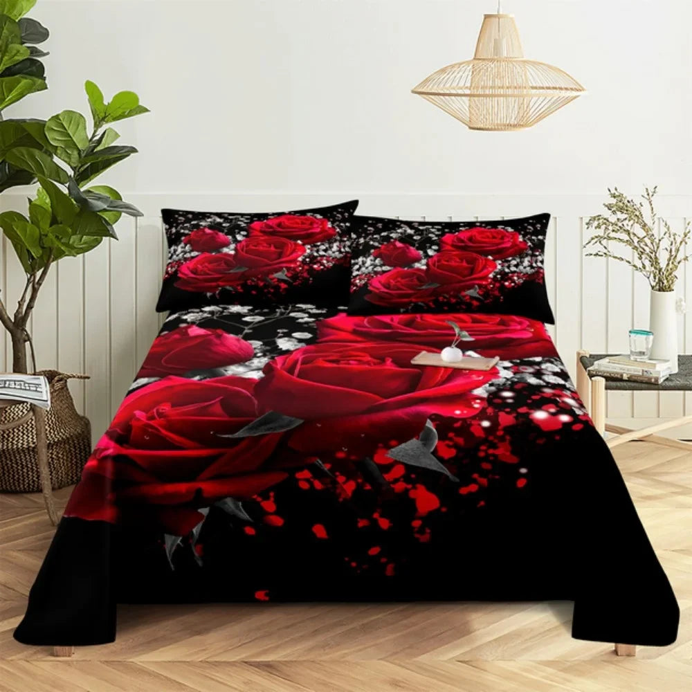 Pink Rose Bed Sheet Sets 3D Print Flowers Bed Flat Sheet for Women Girls King Queen Full Twin Size 2/3pcs Bed Linen Room Decor LadyShow.Store